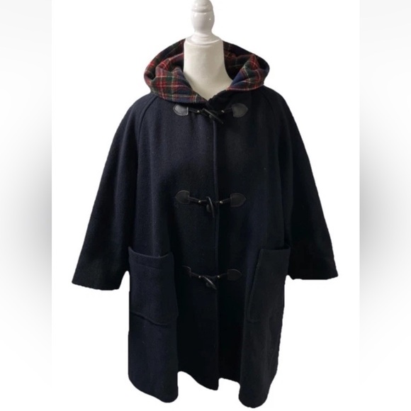 Jacob Jr. Vintage Wool Navy Plaid Toggle Coat Hooded Full Zip Women's‎ 74289